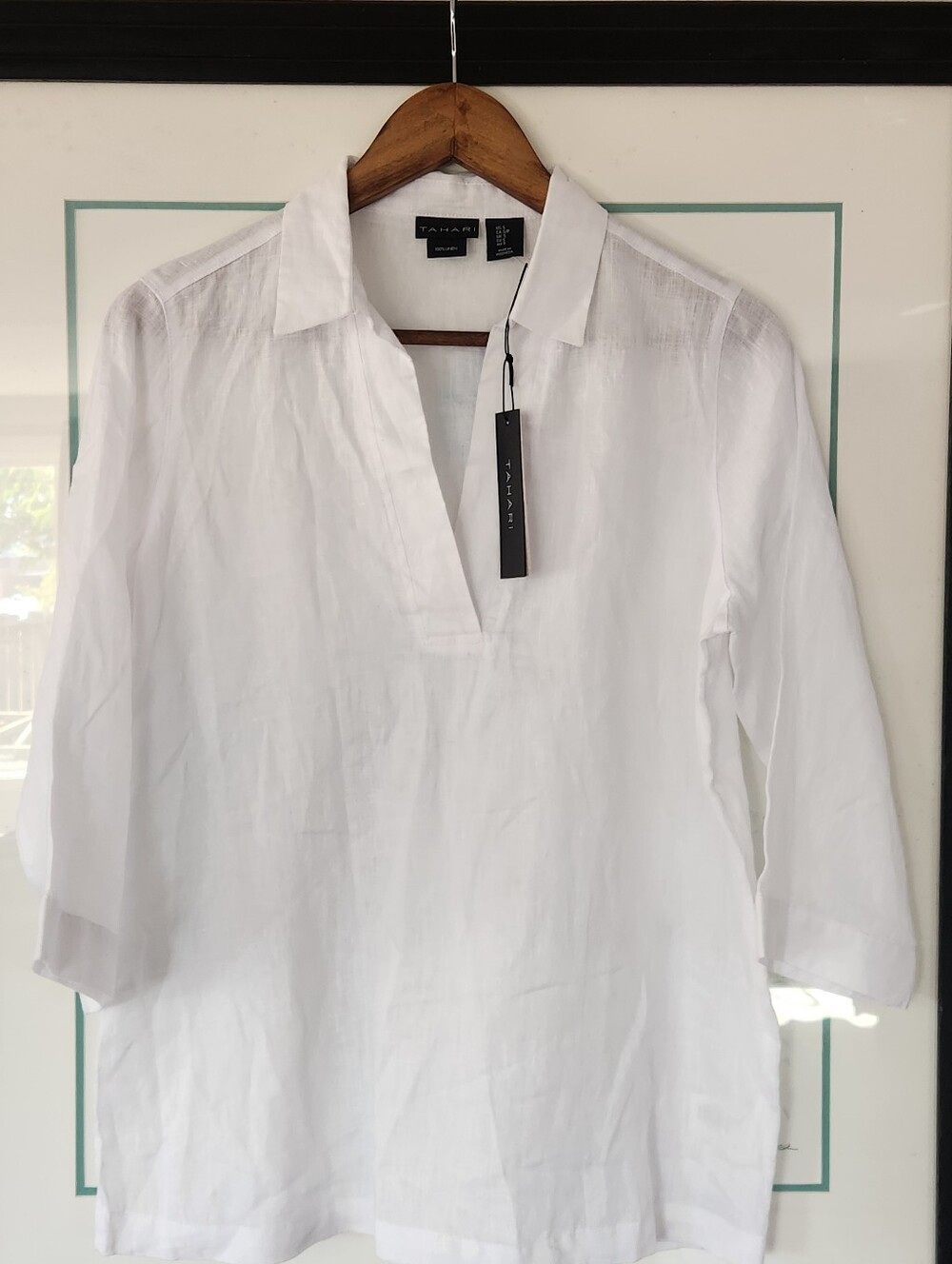 NWT Tahari 100% Linen White Blouse Shirt Popover Coastal Quiet Luxury